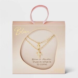 14 K Gold Dipped Double Cross Pendant  Multi Strand Necklace. Gold